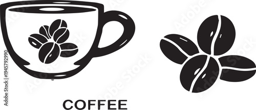 Black and white illustration of a coffee cup with beans and loose coffee beans vector