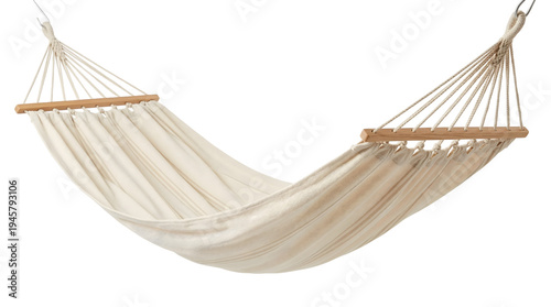 Cream-Striped Hammock with Wooden Spreader Bars Hanging on White Background — Serene, Inviting, Relaxing — Perfect for Wellness, Home Decor, Travel Retreats, or Sustainable Lifestyle Branding. Evokes 