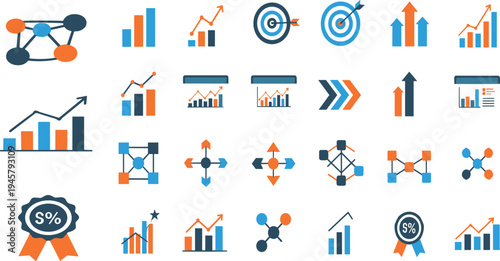Business Growth and Market Analytics Icon Set Featuring Profit Charts, Target Goals, Financial Performance Metrics, Strategy Planning, and Data Analysis Concepts.