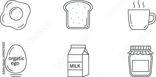 Breakfast food line icons with egg, toast, coffee cup, milk carton and jam jar minimal outline illustration set