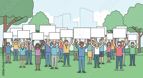 Diverse group of people protesting with blank signs.