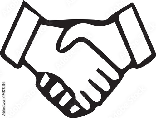 Black and white outline drawing of two hands shaking in agreement handshake deal