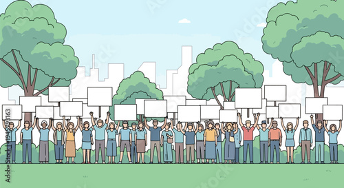 Diverse crowd of people protesting together outdoors.