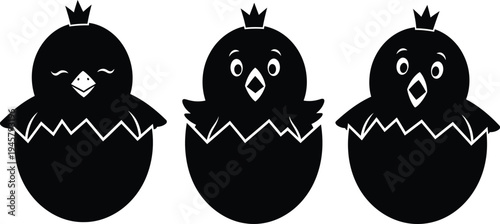 Three black cartoon chicks hatching from eggs with crowns