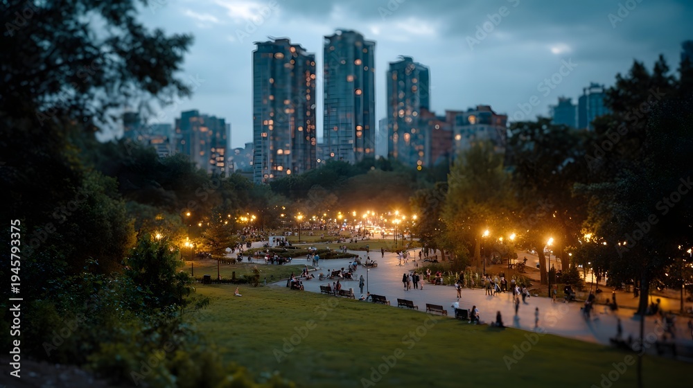 Obraz premium A bustling city park filled with people and illuminated by streetlights during twilight with tall apartment buildings glowing in the background