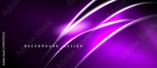 Dark purple background features bright neon lines. Abstract curves create dynamic visual effect. Modern design element.
