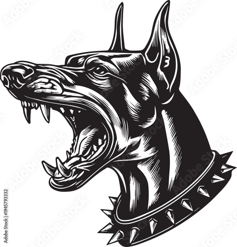 Roaring Doberman Dog Head Aggressive Guard Dog Mascot Black and White Vector Illustration