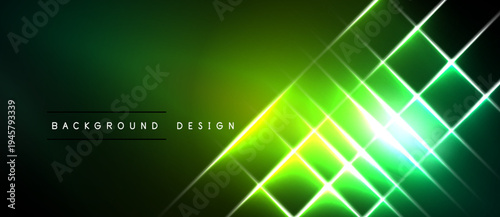 Dark green background features bright neon lines forming geometric shapes. Light radiates from center creating dynamic visual effect.