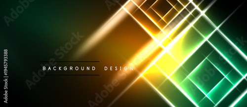 Abstract neon lines create dynamic gradient background. Bright squares overlap, forming futuristic design. Dark space surrounds glowing elements.