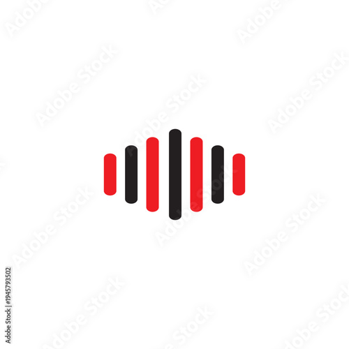 Sound wave equalizer icon vector in red and black. Modern audio signal bars isolated on white background for music, podcast and media design.