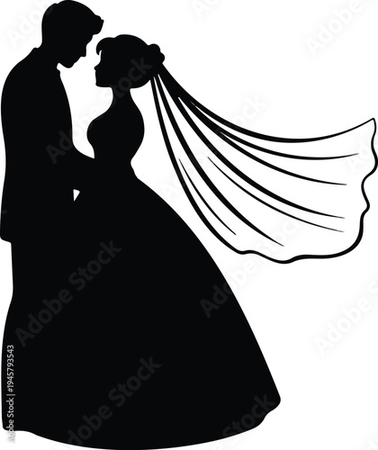 Black silhouette of a bride and groom in a romantic embrace for wedding invitations anniversary cards and romance.