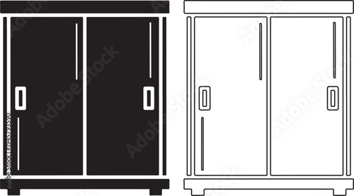 Double door cabinet with handles and shelves interior design elements