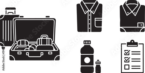 Travel essentials and clothing icons in black and white