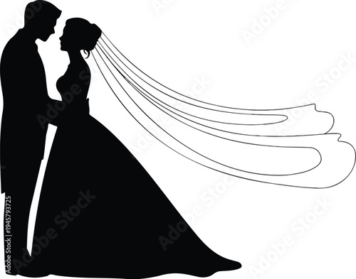 Black silhouette of a bride and groom in a romantic embrace for wedding invitations anniversary cards and romance.