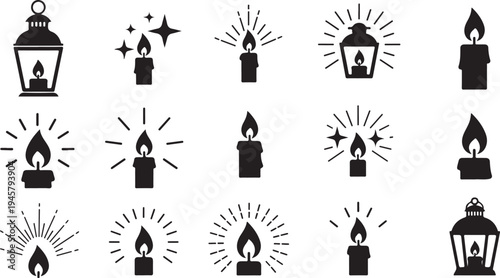 Black and white candle icons with various flame designs
