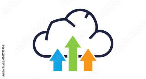 Cloud data uploading representation with colored arrows and a cloud icon on white background