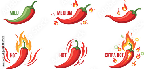 Chili pepper heat level icons showing mild, medium, hot and extra hot spicy rating symbols with flames vector illustration set