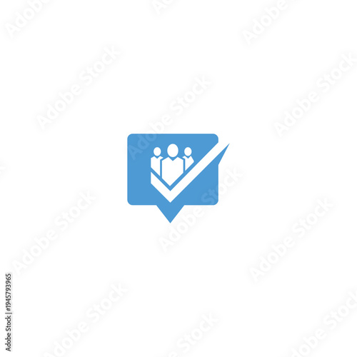 Blue Speech Bubble with People Icon and Check Mark Symbol.