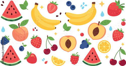 Colorful fresh fruit collection including banana, watermelon, strawberry, peach, cherry, blueberry, raspberry and orange slices, healthy food flat vector illustration set