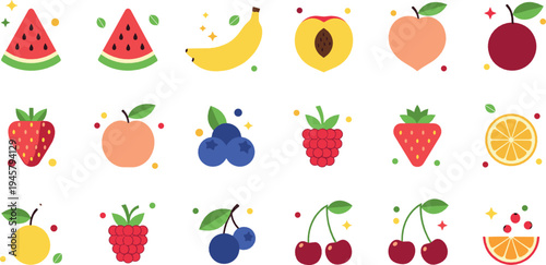 Colorful fresh fruit icons collection with watermelon banana berries cherries citrus and peach healthy food vector illustration set