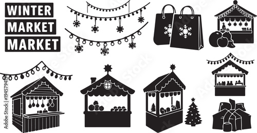 Winter Market Icons and Symbols for Holiday Shopping Illustration