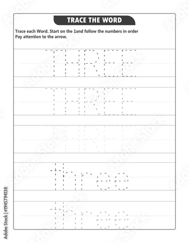 Trace the Word Three Worksheet: Alphabet Tracing and Number Spelling Practice for Kids