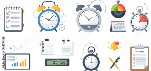 Time Management and Productivity Vector Set Featuring Alarm Clocks, Checklist Clipboard, Stopwatch, Calendar Planner, Analytics Charts, and Task Planning Office Elements