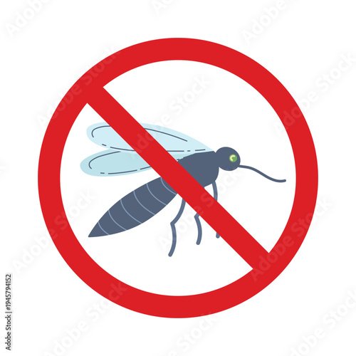 Prohibition red stop sign icon with a cross line and white background inside. Cute cartoon mosquito character. Insect collection. Isolated. Flat design. Vector illustration.