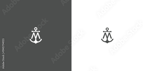 Minimalist Anchor Logo Design with Letter M Integration in Gray and White.