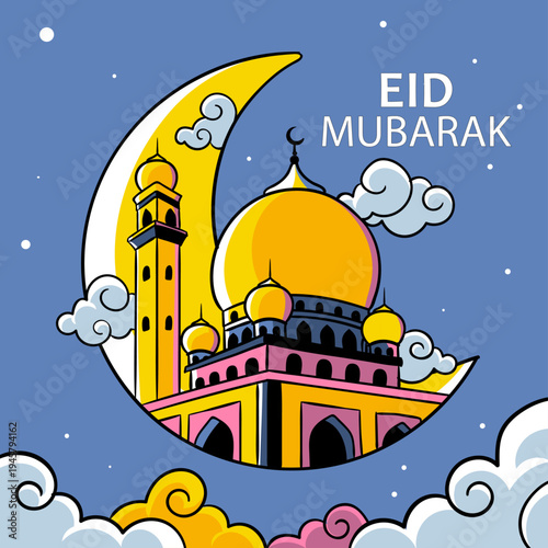 Colorful artistic illustration featuring a magnificent mosque dome and towering minaret perfectly framed within a giant glowing crescent moon against a starry night sky wishing everyone Eid Mubarak ce