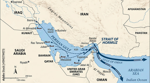 Map of persian gulf region highlighting oil tanker shipping routes through strait of hormuz