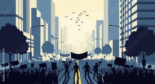 A large group of people protesting in a city.