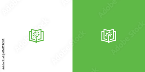 Minimalist Green Book Tree Logo Design with Geometric Style.
