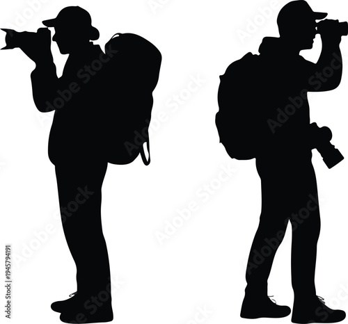 Black silhouettes of travelers with backpacks using cameras and binoculars for adventure tourism and photography lifestyle concepts.