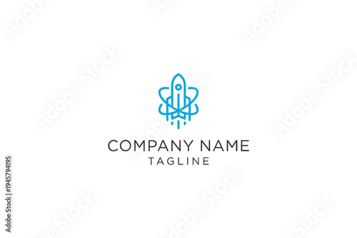 Minimalist Blue Rocket Launching from Atom Orbit Logo Design.