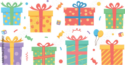 Colorful gift box collection with ribbons, bows, confetti and candies, festive celebration present set for birthday, holiday, party and special occasion illustration