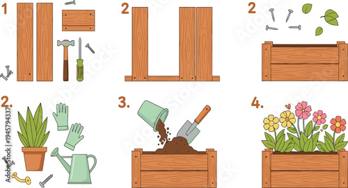 DIY Wooden Garden Planter Box Step by Step Assembly Illustration Showing Tools, Soil Filling, Planting Flowers, and Home Gardening Process Guide.