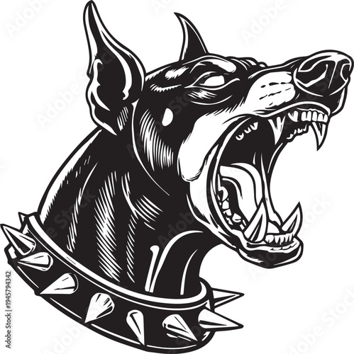 Roaring Doberman Dog Head Aggressive Guard Dog Mascot Black and White Vector Illustration