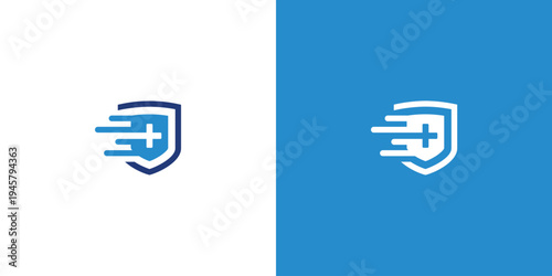 Modern Shield Logo with Speed Lines and Plus Sign Symbol.
