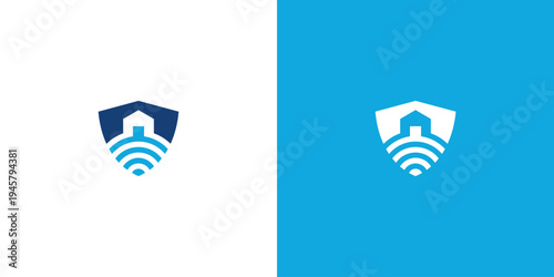 Shielded Home WiFi Signal Modern Blue and White Logo Design.