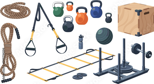 Functional Training Equipment Vector Set Featuring Kettlebells, Battle Rope, Suspension Trainer, Agility Ladder, Plyometric Box, Weight Sled, and Strength Workout Gear