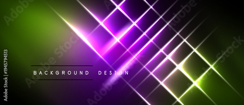 Abstract background features vibrant neon lines, gradients. Green, purple hues dominate design, creating dynamic visual effect.