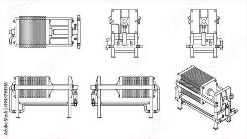 Engineering blueprint of a plate and frame filter press, depicting multiple views for industrial application