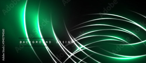 Dark backdrop features glowing lines, curves. Green neon accents contrast white streaks, creating dynamic visual effect. Text reads background design.