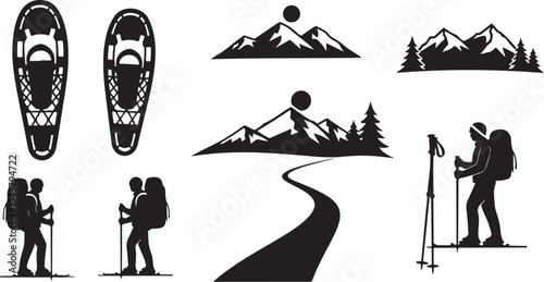 Hiking and Snowshoeing in the Mountains Silhouette Icons Set