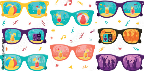 Colorful sunglasses with summer beach party reflections including cocktails music dance and sunshine fun vector illustration set