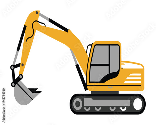 Yellow hydraulic excavator with a bucket shown in profile against a white background.