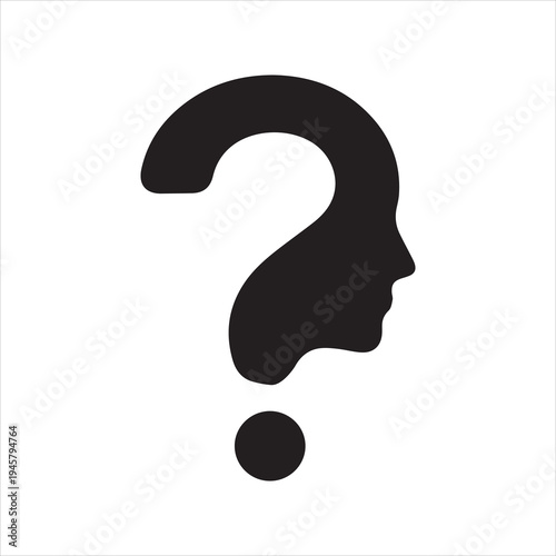  Minimalist vector illustration of a question mark integrated with a human face profile silhouette, symbolizing curiosity, identity, psychological inquiry, confusion, and the search for truth