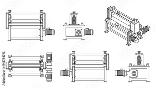 Industrial Rollers Machinery Set: Various Angles of Engineering Equipment for Manufacturing