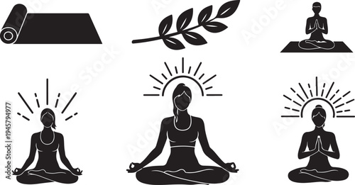 Yoga Meditation Silhouette Icons for Wellness and Relaxation Concepts